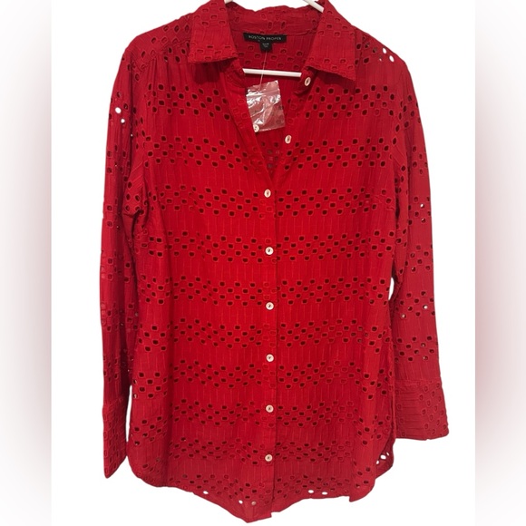 Boston Proper Tops - Boston Proper cherry Red schiffli Eyelet collared long sleeve Button-Up Shirt